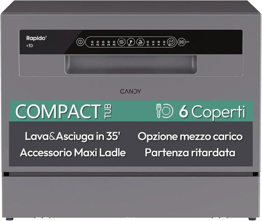 Lavastoviglie Candy Rapido' Compatta 6 Coperti, 8 Programmi, Argento, Classe Energetica E