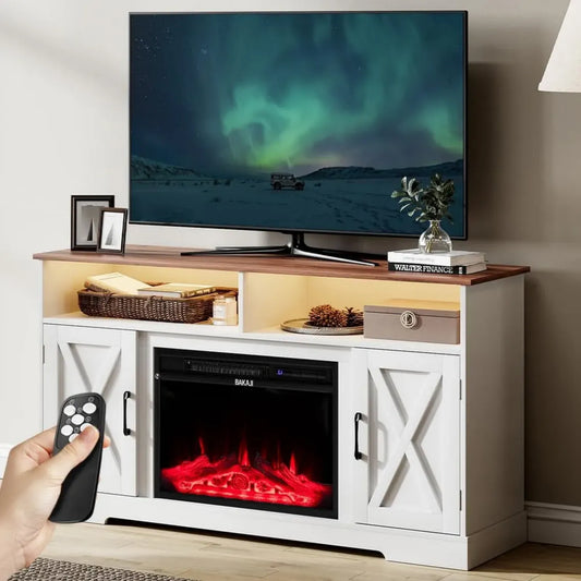 Mobile TV con Camino Elettrico, Effetto Fiamma 3D e Protezione, 138x40x76 cm