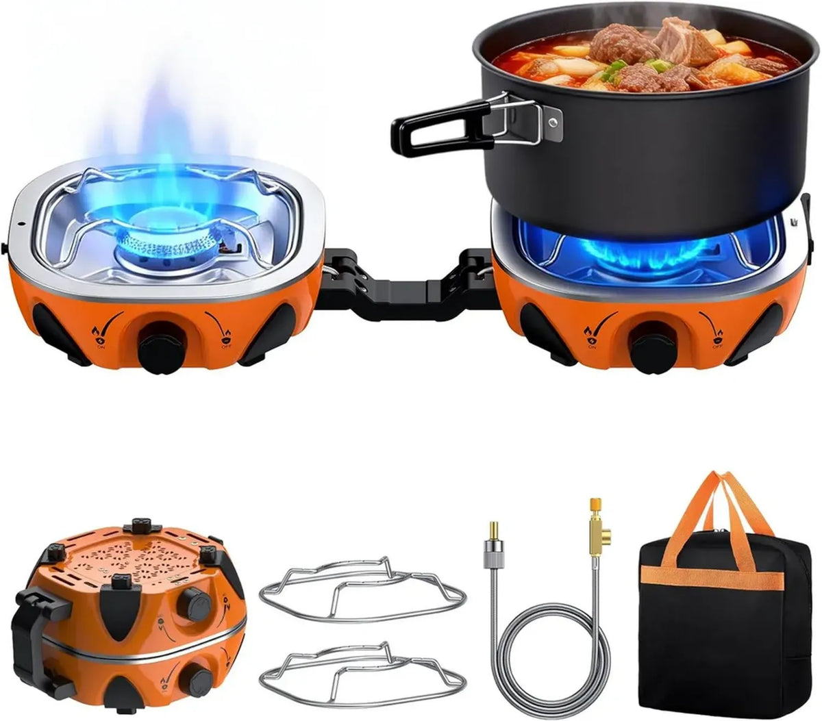 FUNYKICH Cucina a Gas Portatile con Doppio Bruciatore, 20000 BTU, Accensione Piezoelettrica, Ideale per Campeggio e Grigliate, Include Borsa