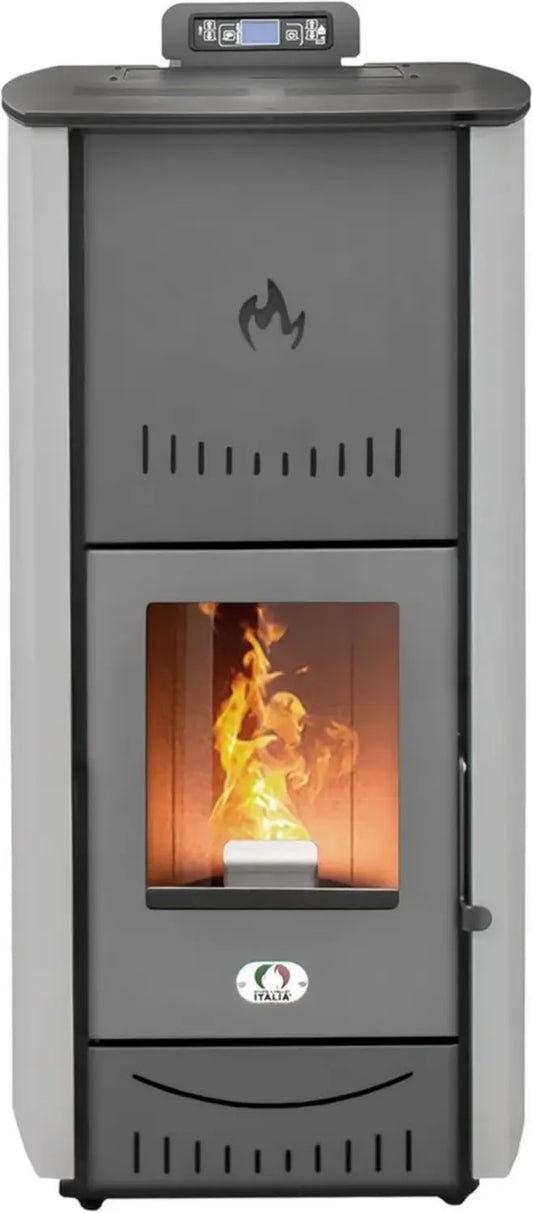 Termostufa a Pellet Idro New York 24 kW con WiFi, Riscaldamento e Acqua Calda, Copertura 140m², Efficienza 89%, Controllo Remoto e Programmazione, Autonomia 22 ore, Grigio, Garanzia 24 Mesi