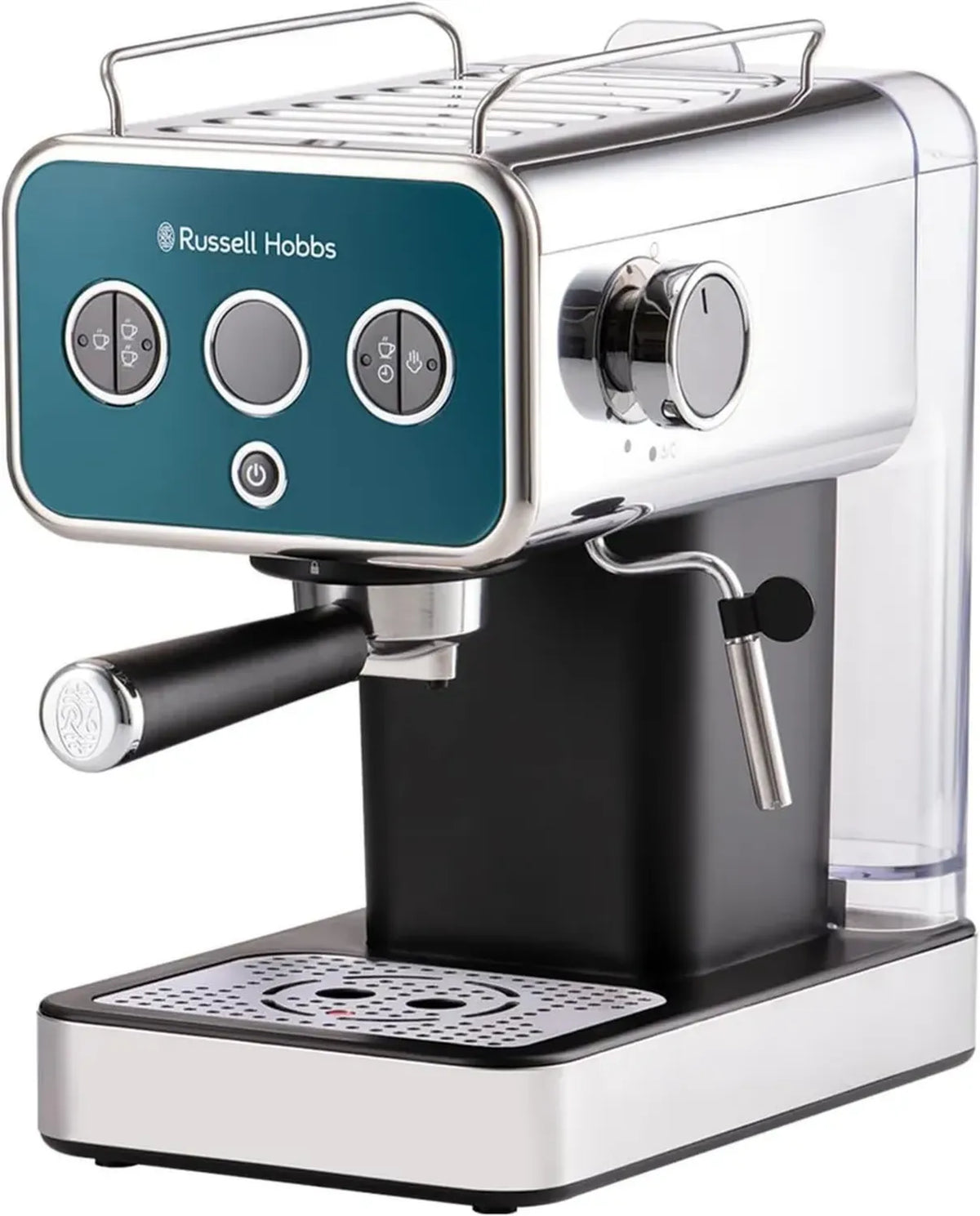 Macchina da Caffè Espresso Russell Hobbs, Acciaio Inox, 15 Bar, Blu Oceano, Compatibile Cialde ESE, Doppio Portafiltro, Vaporizzatore Integrato
