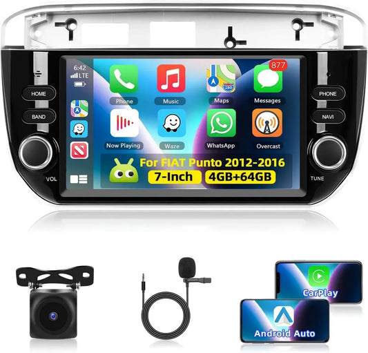 Autoradio 4+64G Carplay per Fiat Punto 2012-2016 con Android Auto Senza Fili, Display Touch Bluetooth con Navigazione GPS, WiFi, Controllo Volante, USB, Mirror Link e Telecamera AHD