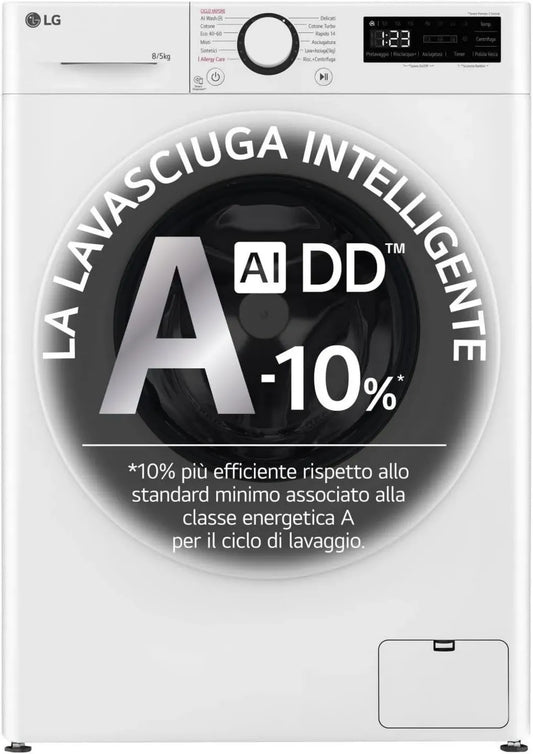 LG Lavasciuga Slim 8/5kg AI DD, Classe Energetica E, 1200 RPM, Lavaggio Intelligente, Funzione Vapore