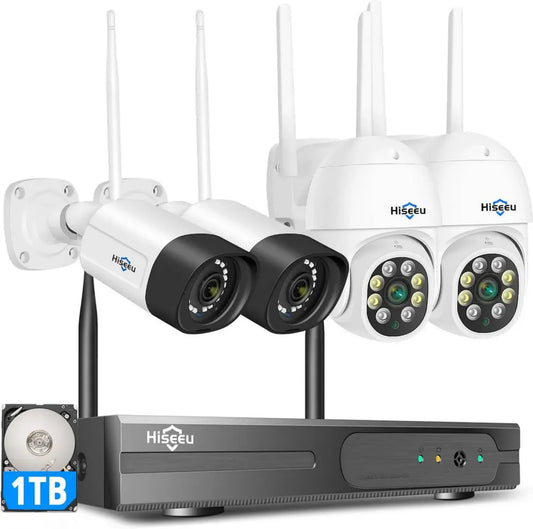 Hiseeu Kit Sorveglianza WiFi 5MP, Visione 360° Notturna Colori, NVR 10CH 1TB 4 Telecamere