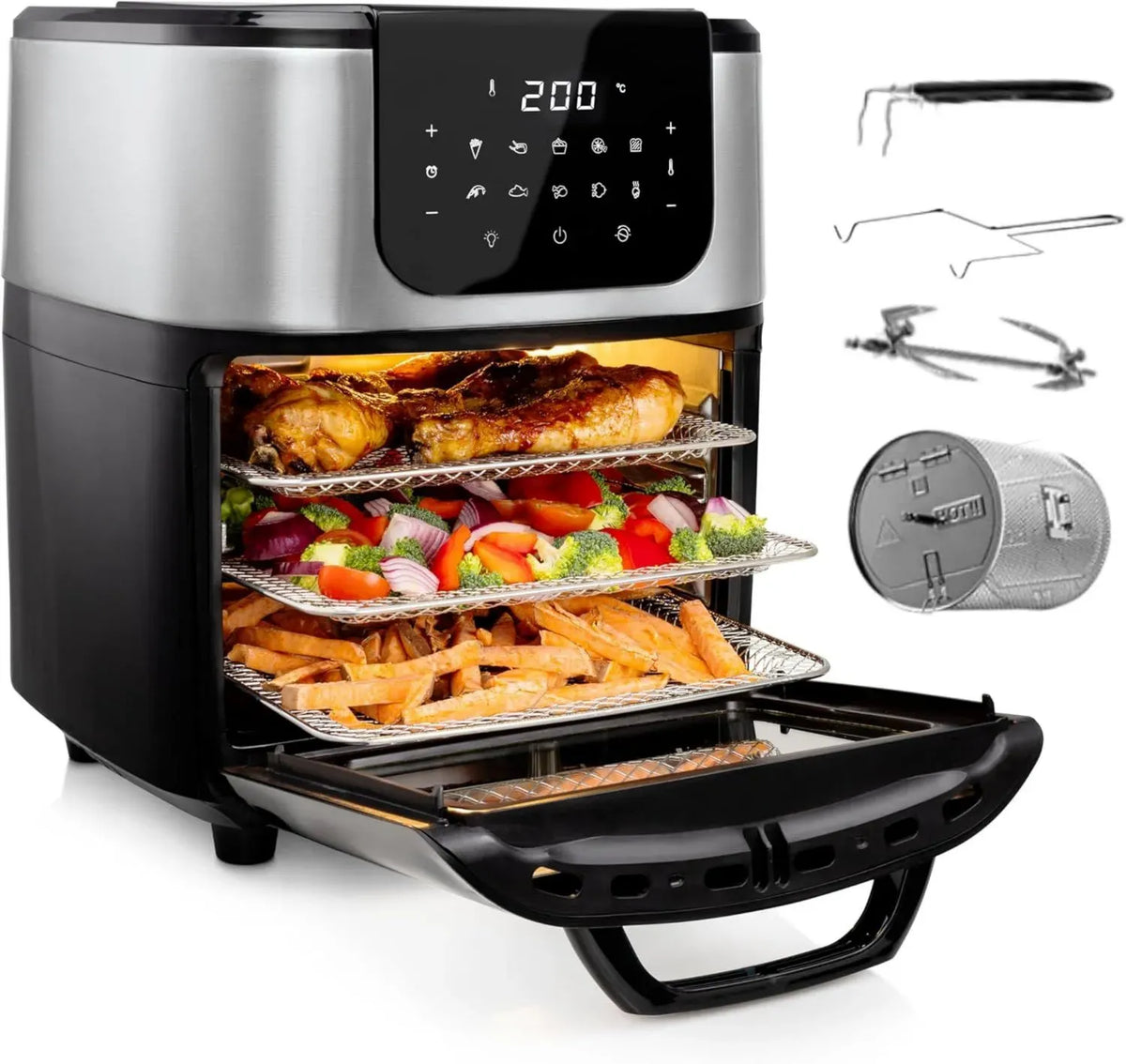 Forno Friggitrice ad Aria Deluxe 11L 1800W, Touch Screen, 10 Programmi, Girarrosto e Cestello, Acciaio Inox