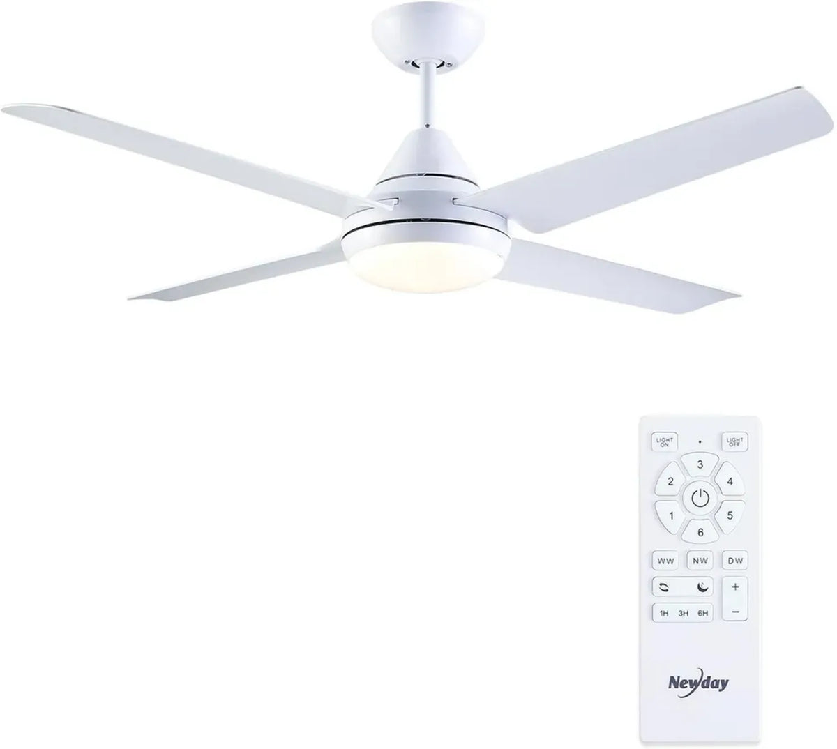 Ventilatore a Soffitto Bianco 122cm con Luce e Telecomando, 4 Pale, Motore DC Silenzioso, Dimmer Continuo, 7 Velocità, Timer e Funzione Reversibile
