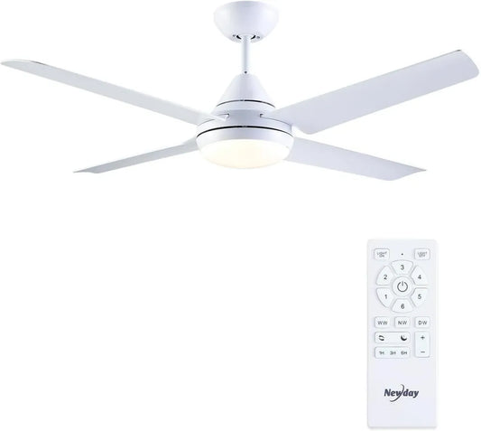 Ventilatore a Soffitto Bianco 122cm con Luce e Telecomando, 4 Pale, Motore DC Silenzioso, Dimmer Continuo, 7 Velocità, Timer e Funzione Reversibile