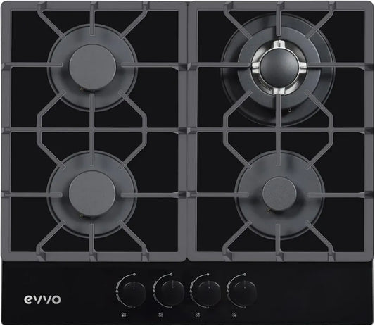 EVVO Piano Cottura a Gas V70 in Vetro Temperato Nero, 4 Fuochi con Wok, Accensione Elettrica, Compatibile con Gas Naturale e Butano