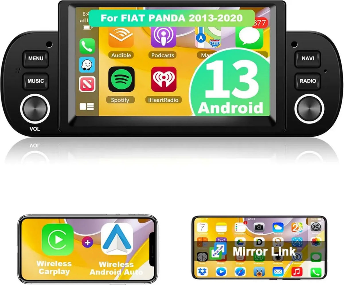 Autoradio 2+64G con Carplay e Android Auto senza fili per Fiat Panda 2013-2020, Display Stereo Bluetooth con Navigazione GPS, WiFi, Hi-Fi, FM, Controllo Volante, 2 USB, Mirror Link e Canbus