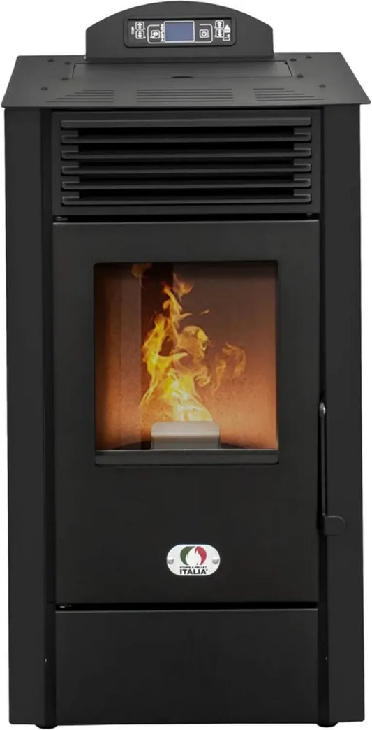 Stufa a Pellet California 8 KW - Ventilata con Efficienza del 91%, Copre 70m², Autonomia 20 Ore, Programmabile 5 Velocità, Design Compatto, 24 Mesi di Garanzia, Colore Nero
