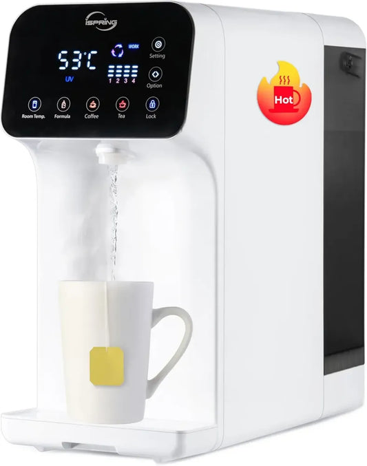 iSpring RCD100-E Sistema di Osmosi Inversa a 5 Fasi con Erogatore Acqua Calda, Filtrazione UV e Efficienza Scarico 2,5:1, Portatile con 100 GPD, 4 Impostazioni di Temperatura