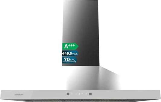 Cappa Aspirante Piramidale 70 cm Inox con Frontale Bianco e Controllo Touch, 449,5 m³/h, Funzione Booster, Filtri Lavabili, Classe A+++