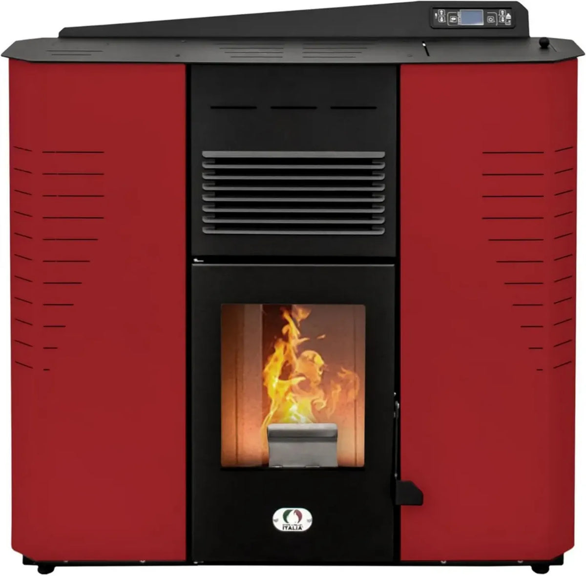 Stufa a Pellet Canalizzata 13KW, Efficienza 89%, Autonomia 20 Ore, Design Compatto, Rosso