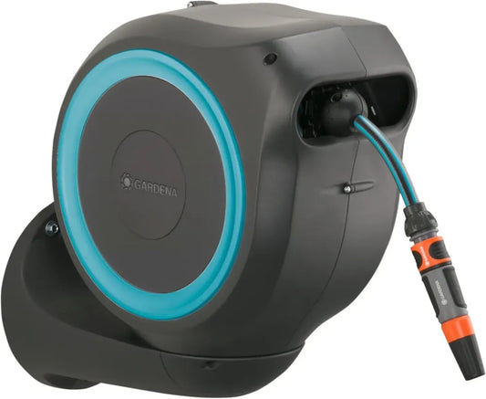 Avvolgitubo da Parete RollUp S Gardena: Tubo 15 m con Accessori, Avvolgimento Automatico a 180°, per Giardini e Terrazze Piccole, Azzurro