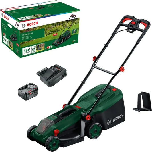 Tosaerba a Batteria Bosch ROTAK 18V-34, 34 cm, 25-65 mm, Sacco da 35L, Pacciamatura, Batteria e Caricatore Inclusi