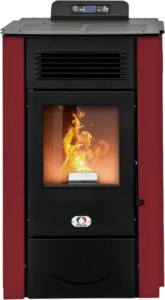 Stufa a Pellet Canalizzata 15 kW WiFi Rosso - Efficienza 92%, Riscalda 140 m², Autonomia Fino a 15 Ore, Programmabile, 5 Livelli di Potenza, Garanzia 24 Mesi