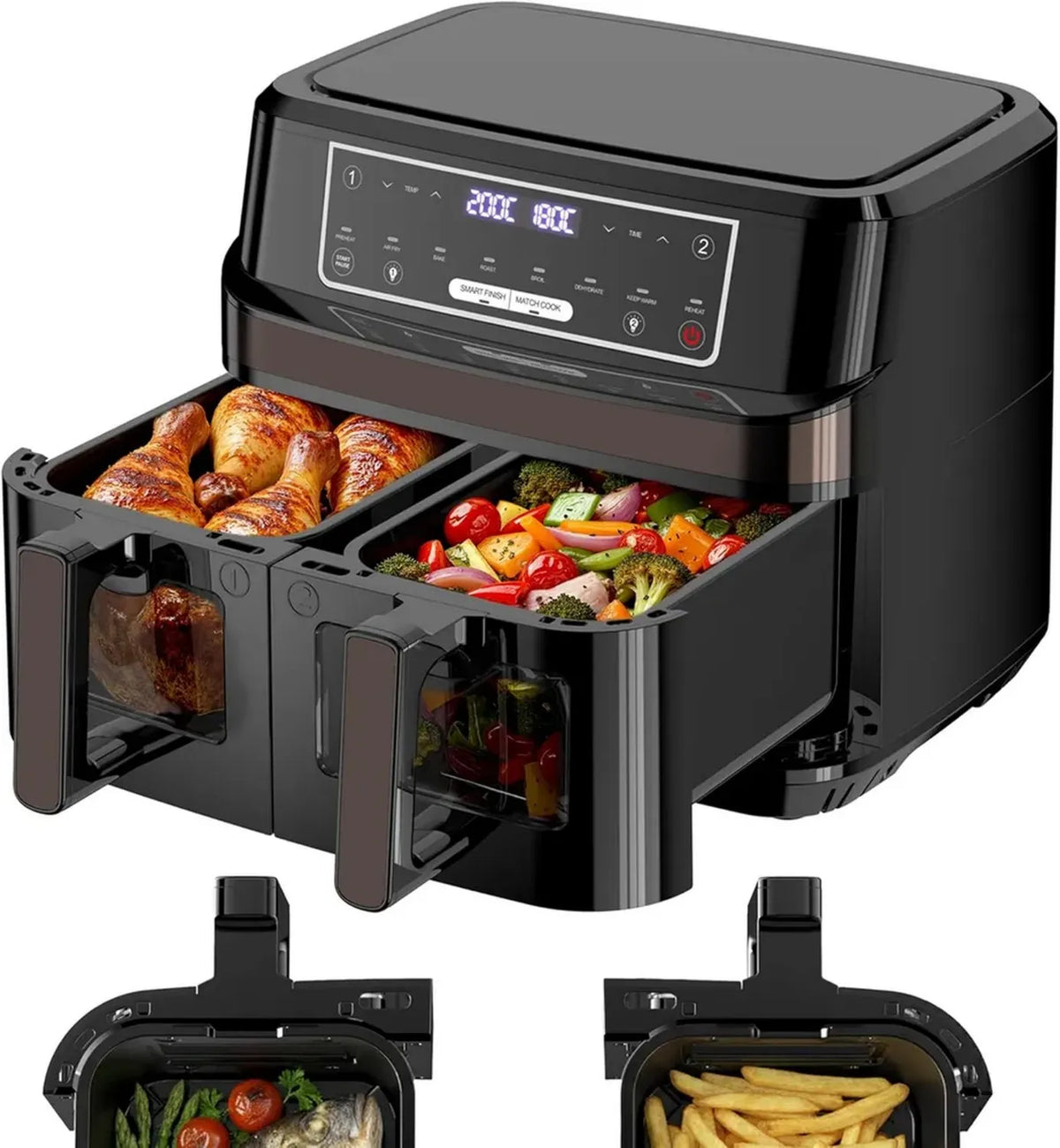 Friggitrice ad Aria con Doppio Cestello e Controllo Touch, 10L, 8 Funzioni, 2600W