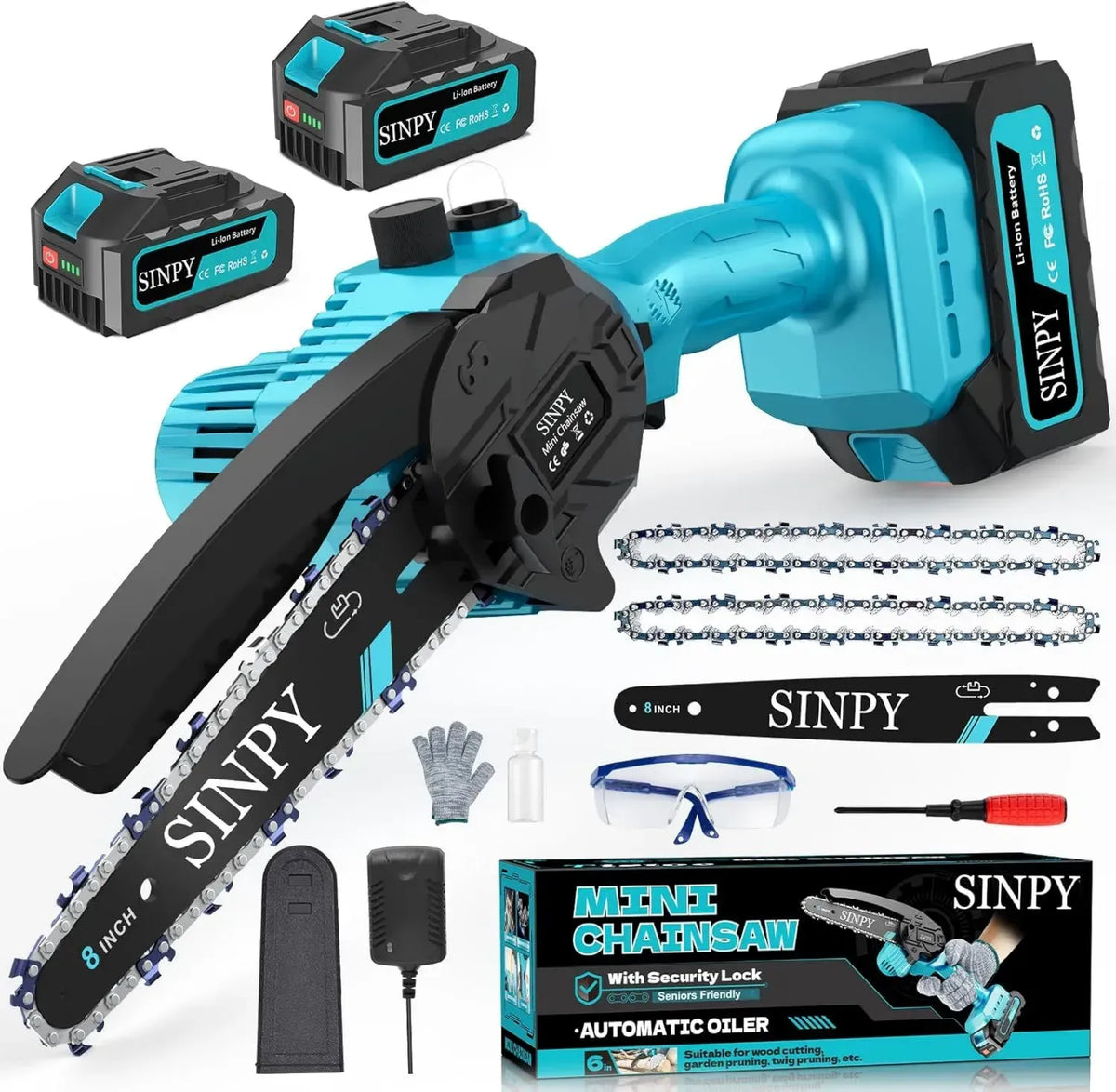 Motosega Elettrica Compatta SINPY 20 Pollici, con 2 Batterie da 4000mAh per Giardinaggio e Potatura