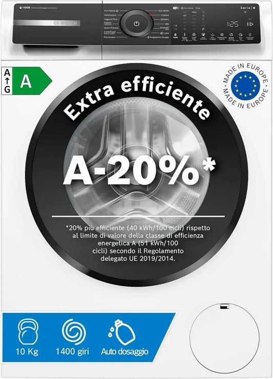 Lavatrice Frontale Intelligente Bosch Serie 6, 10 kg, 1400 RPM, Classe Energetica A -20%, Sistema di Dosaggio Automatico, Bianca, 60 cm
