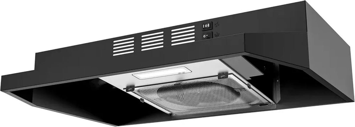 FIREGAS Cappa da Cucina 61 cm, Convertibile, Nera, 300 CFM, LED 2W, Acciaio Inox, Doppia Velocità