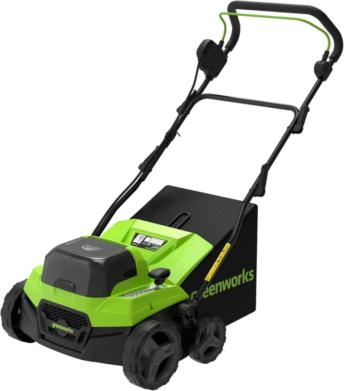 Scarificatore e Arieggiatore a Batteria 48V, Larghezza 38 cm, 5 Altezze, Sacco 45L e Manico Ripiegabile