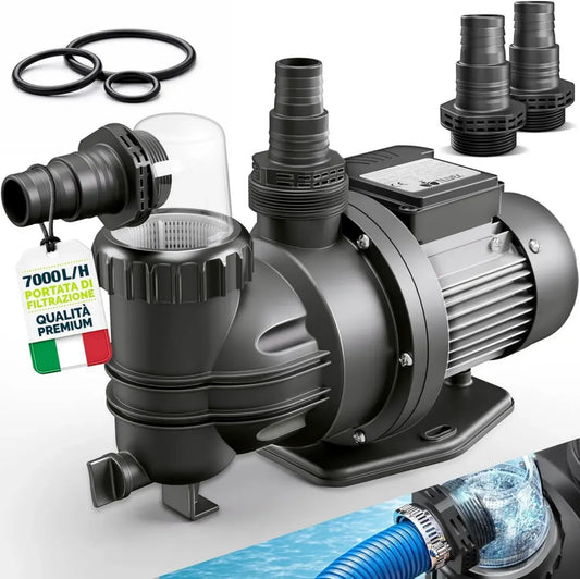 Pompa per Piscina tillvex® 7000 L/h 250W | Altezza Max 7,5m | Circolazione per Piscine 22m³ | Autoadescante con Prefiltro