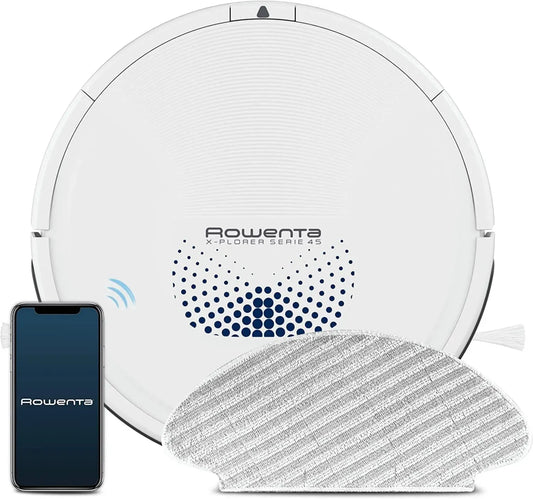 Robot Aspirapolvere Rowenta RR8277 X-Plorer Serie 45 con Funzione Lavapavimenti, 150 Minuti di Autonomia, 3 Modalità di Pulizia, Sistema Aqua Force, Compatibile con Assistenti Vocali, Colore Bianco