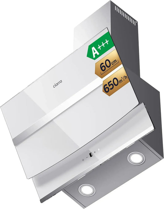 CIARRA Cappa Aspirante 60cm, Classe A, 750m³/h, Pannello Touch, Vetro Bianco, 3 Velocità, Filtro a Carboni