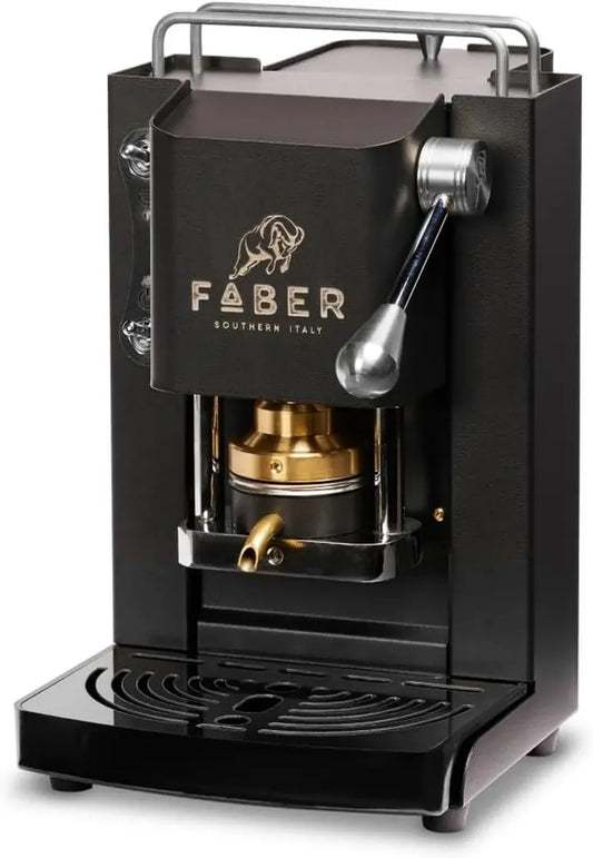 Macchina da Caffè FABER Pro Mini Deluxe con Cialde ESE 44mm, Finitura Cromata, Pressacialda in Ottone (Nero Opaco)