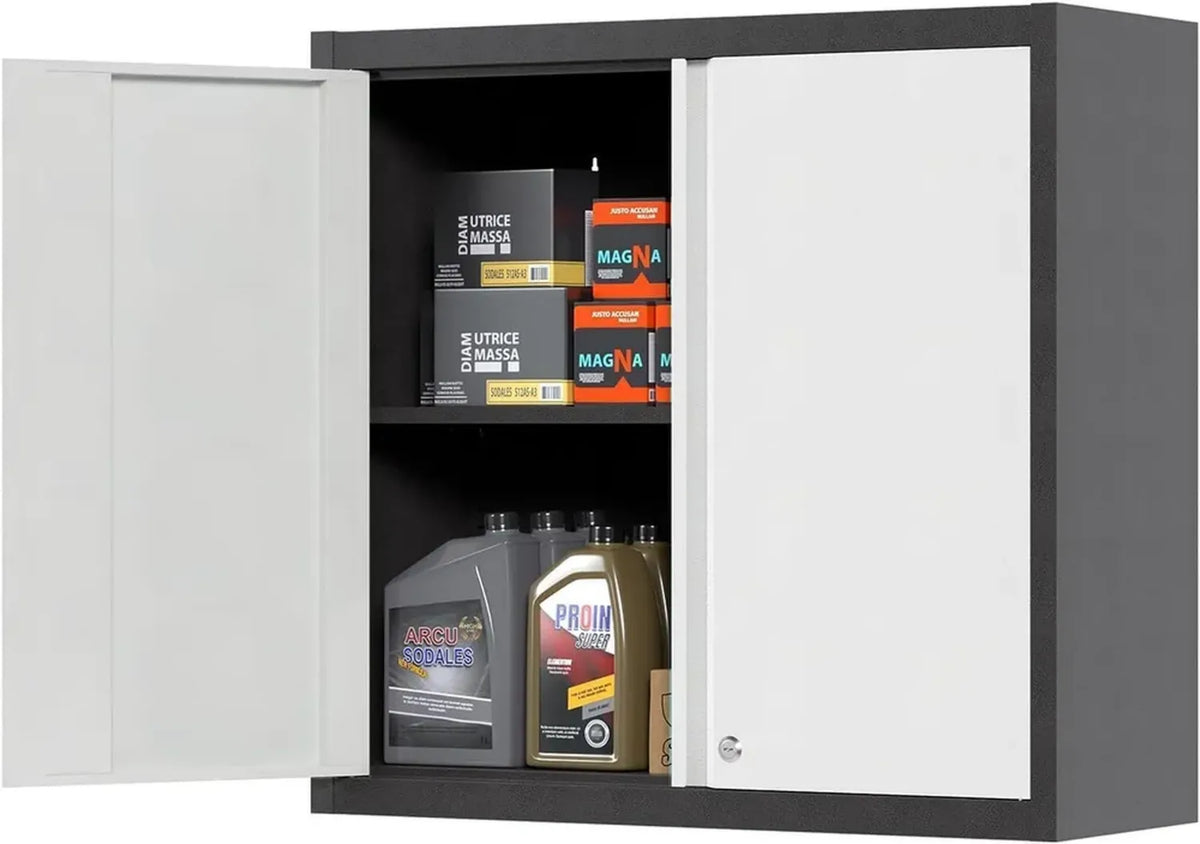 SUPEER - Armadietto in metallo da parete, 1 ripiano regolabile, 2 ante con serratura, acciaio inox, ideale per garage, officina e cucina, 66x66 cm