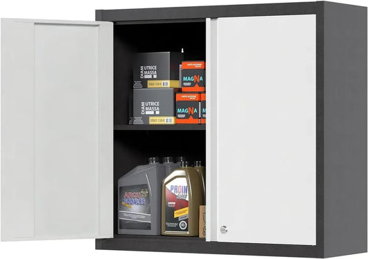 SUPEER - Armadietto in metallo da parete, 1 ripiano regolabile, 2 ante con serratura, acciaio inox, ideale per garage, officina e cucina, 66x66 cm