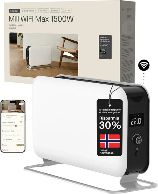Riscaldatore Portatile Intelligente Mill 1500W con Wi-Fi per Bagno, Basso Consumo e Silenzioso