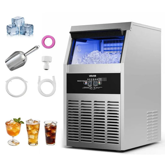 VEVOR Fabbricatore di Ghiaccio Commerciale 59 kg/giorno, Contenitore 14 kg, Acciaio Inox, Display LED, Autopulente