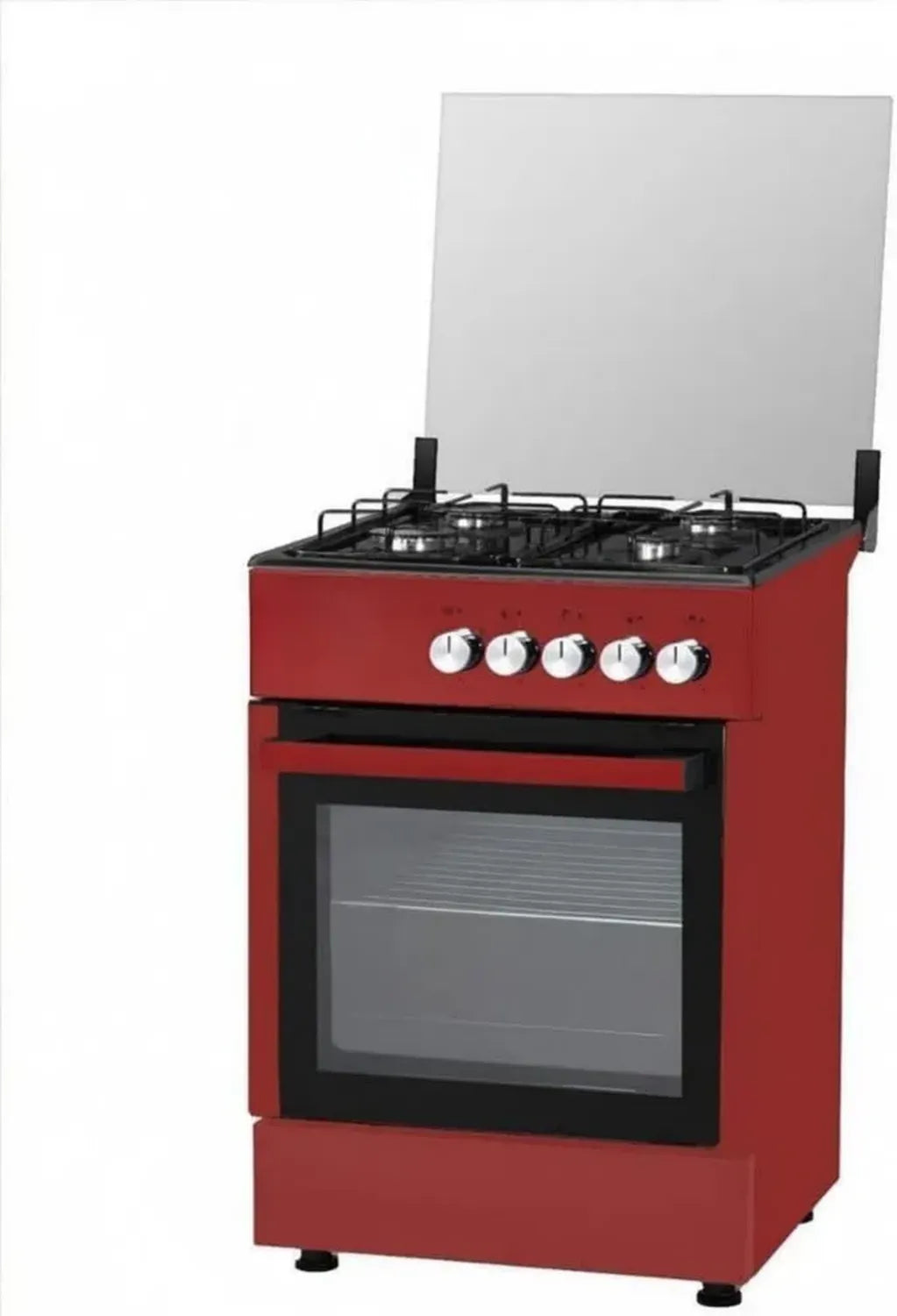 Fornello a Gas 4 Fuochi con Forno, Rosso Bordeaux, 57x57x88 cm, Accensione Manuale, Griglie in Smalto